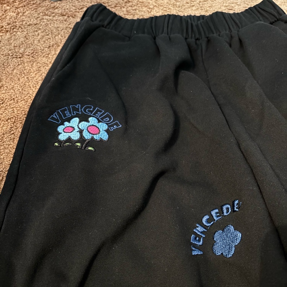 Mens Black Joggers with Embroidered Blue Accents and Flowers comfortable casual - Picture 4 of 5